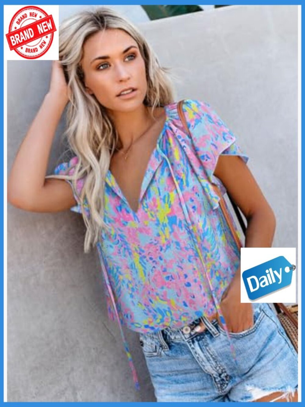 Boho Floral V-Neck Blouse, Lightweight Polyester, Loose Fit Summer Top - Picture 3 of 7